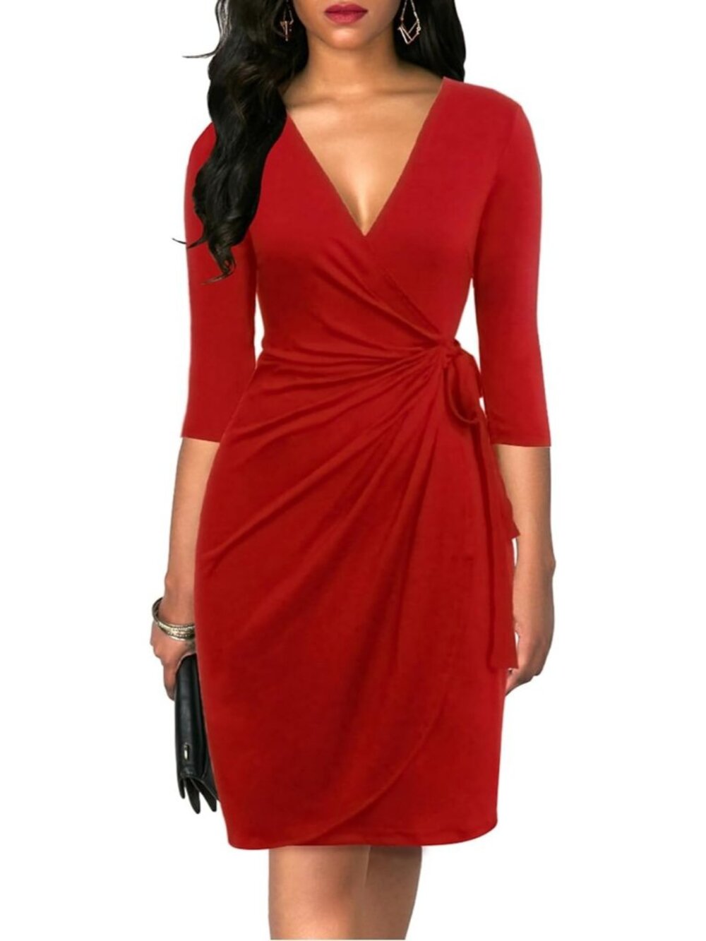 Women's Red 3/4 Sleeve Faux Elegant V Neck Bodycon Midi Knee Wrap Cocktail Dress